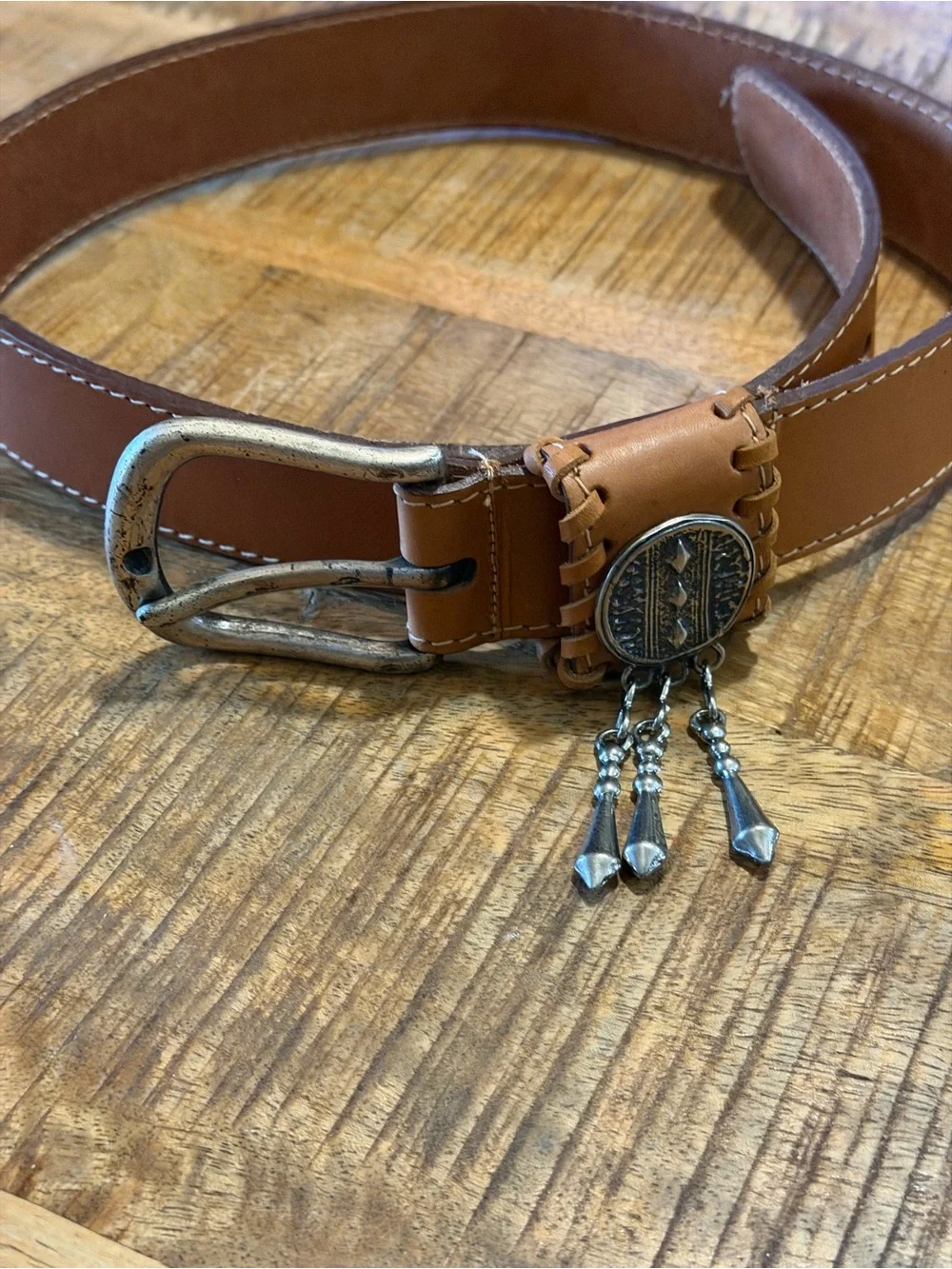 USA Made Brown Leather Belt Southwestern Italian Buckle Embellishment Medium